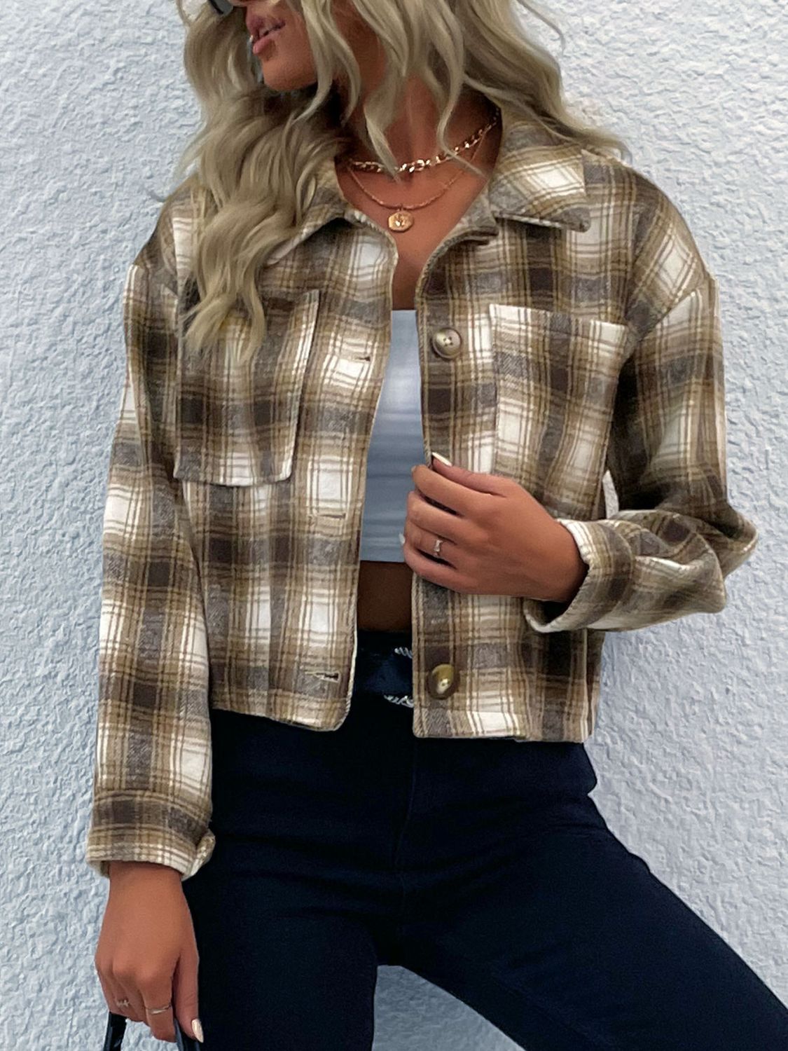 Plaid Button-Up Dropped Shoulder Shacket  - Doll Fits