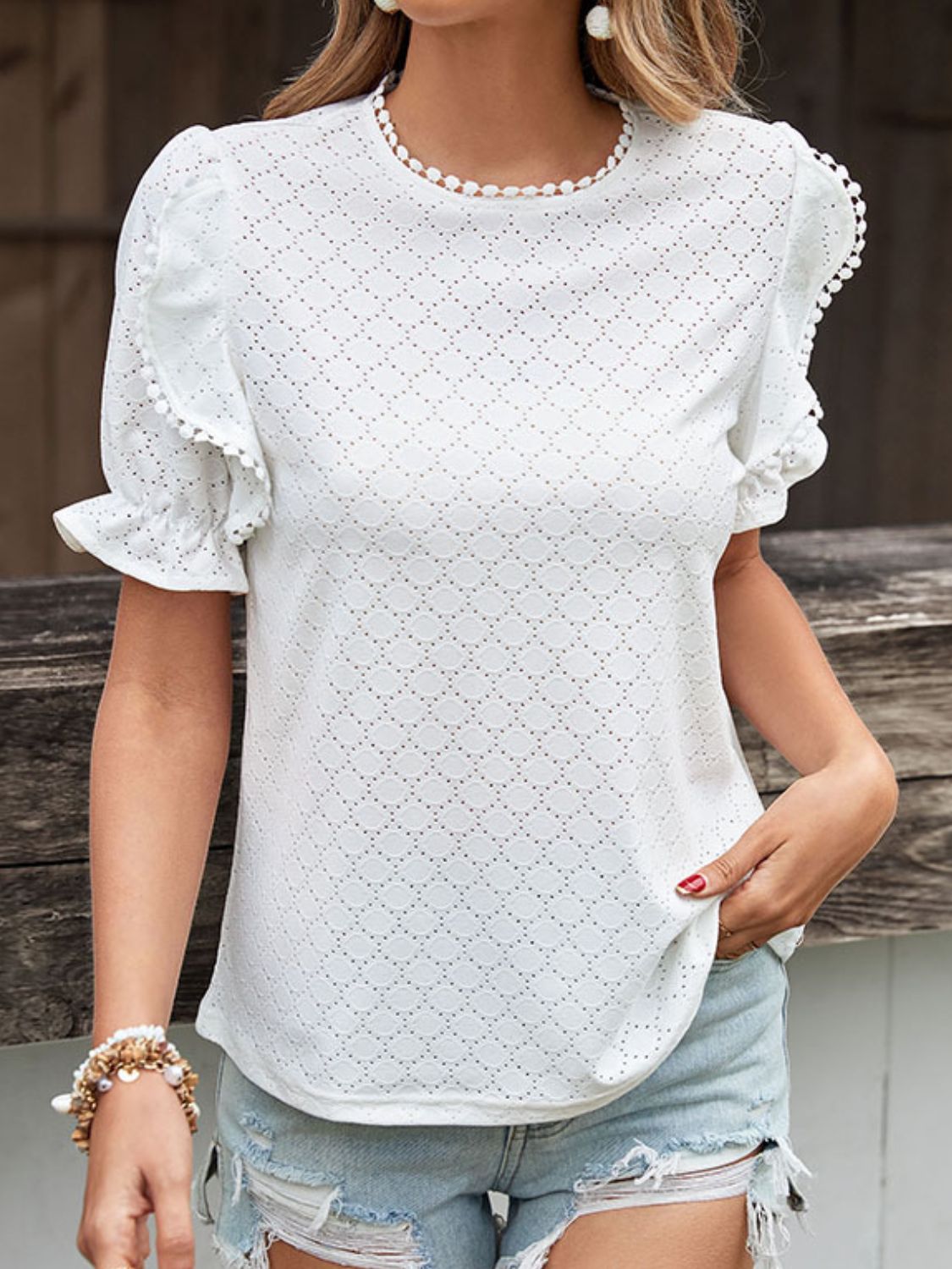 Pom Pom Detail Openwork Flounce Sleeve Blouse  Shirts & Tops- Doll Fits