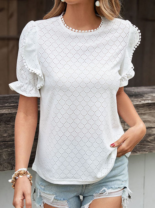 Pom Pom Detail Openwork Flounce Sleeve Blouse  Shirts & Tops- Doll Fits