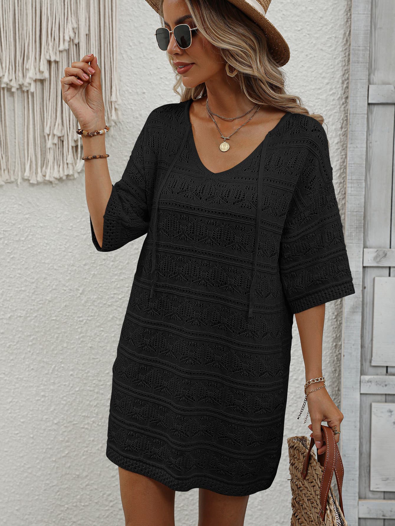 Openwork V-Neck Mini Knit Dress  Dresses- Doll Fits