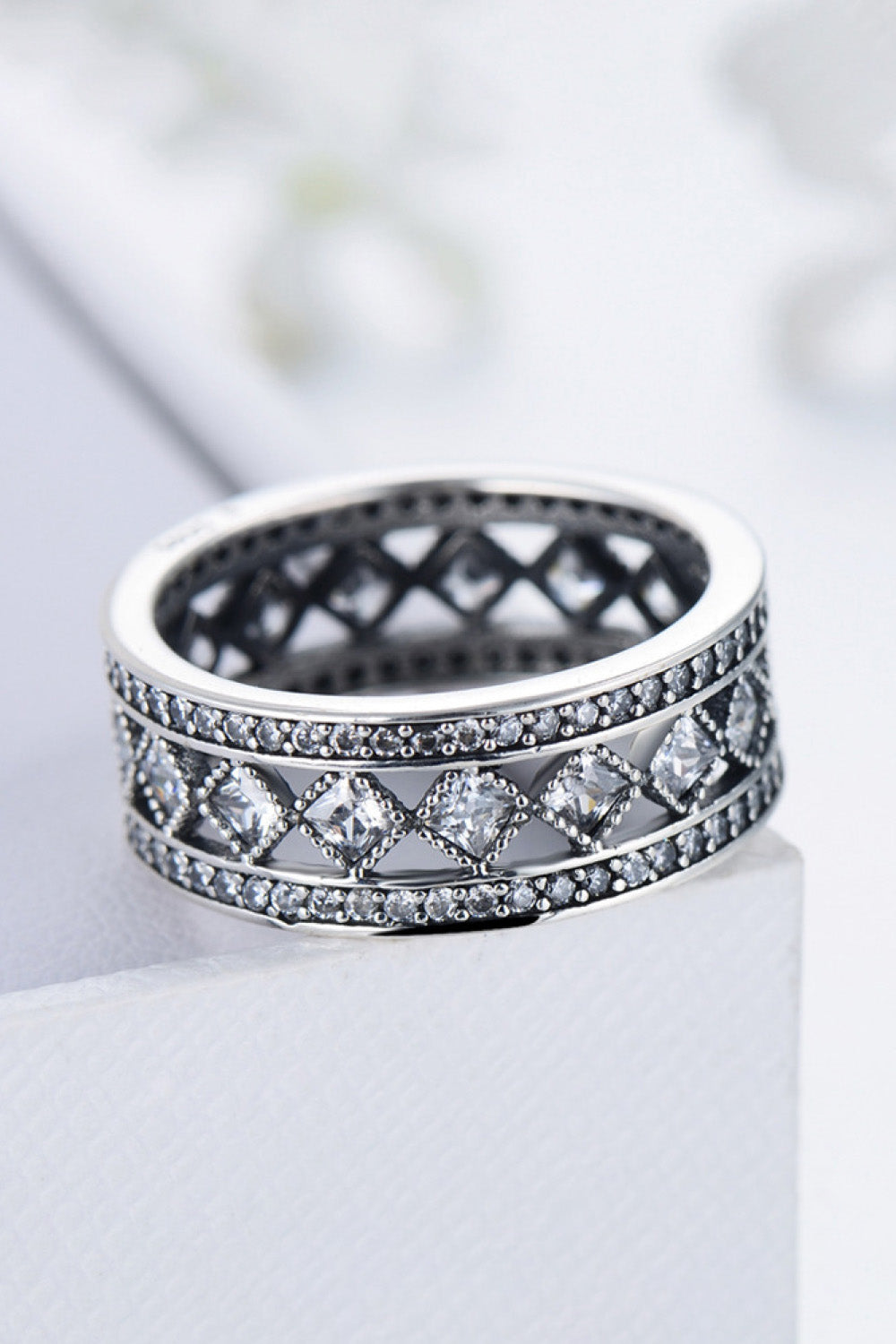 925 Sterling Silver Cutout Cubic Zirconia Ring  - Doll Fits