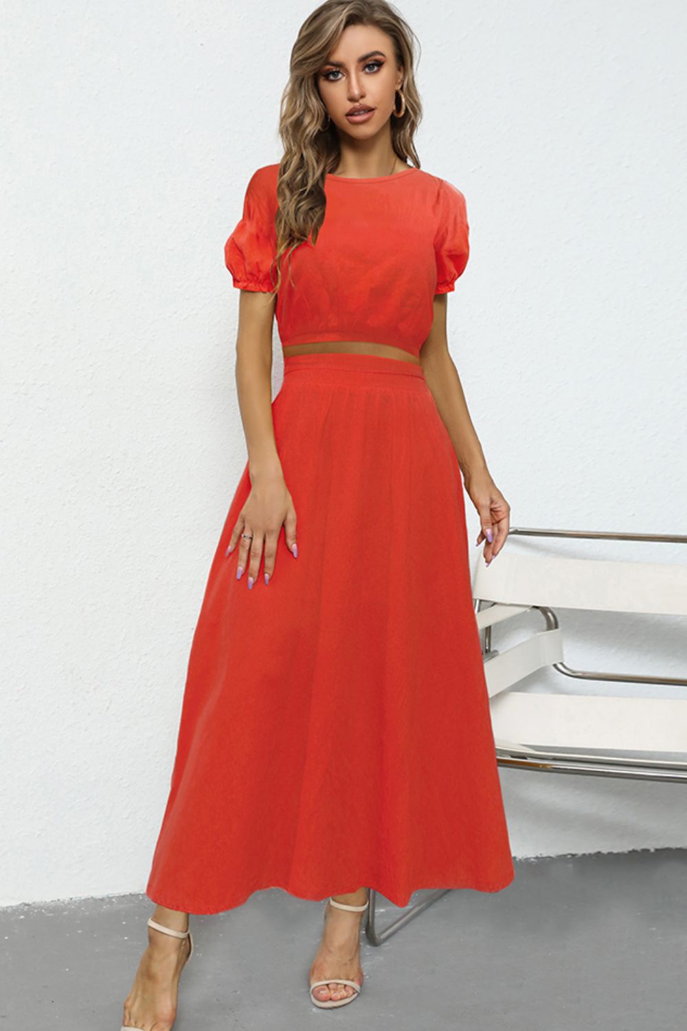 Puff Sleeve Crop Top and Maxi Skirt Set  Outfit Sets- Doll Fits