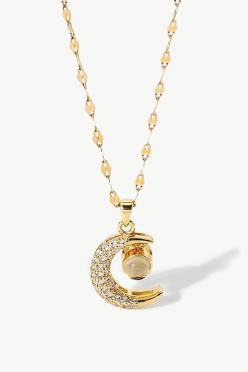 Inlaid Cubic Zirconia Moon Pendant Necklace  Necklaces- Doll Fits