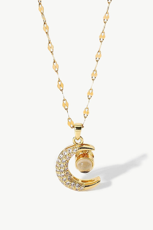 Inlaid Cubic Zirconia Moon Pendant Necklace  Necklaces- Doll Fits