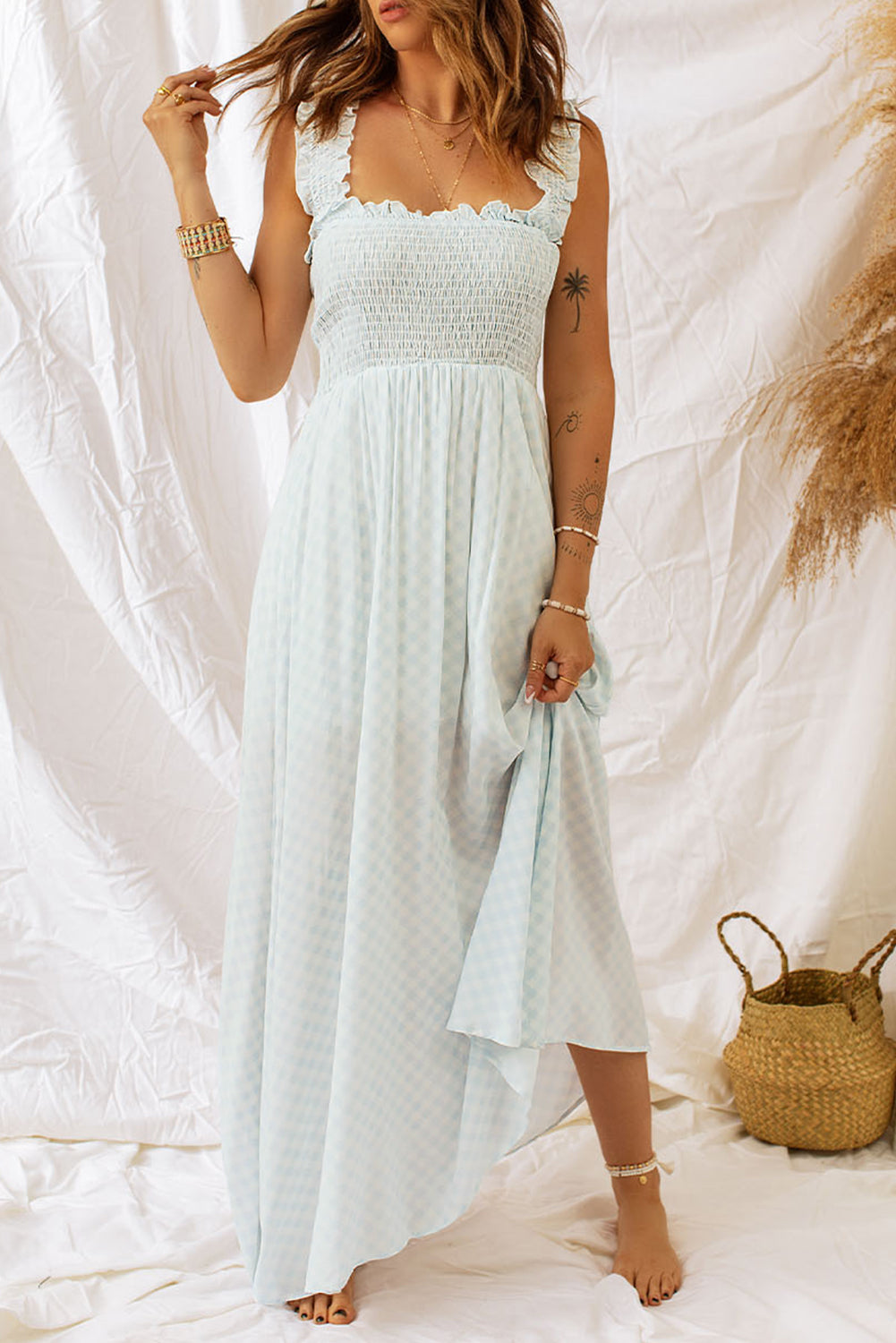 Plaid Ruffle Strap Smocked Maxi Dress  Dresses- Doll Fits