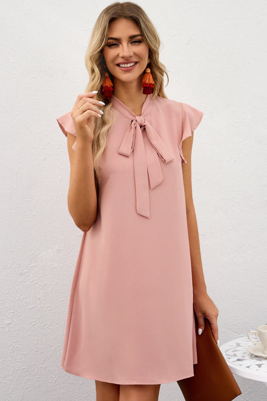 Tie Neck Flutter Sleeve Shift Dress  Dresses- Doll Fits