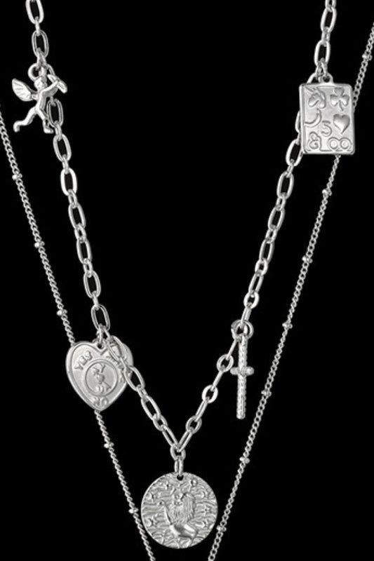 Stainless Steel Antique Coins & Cross Necklace  Necklaces- Doll Fits