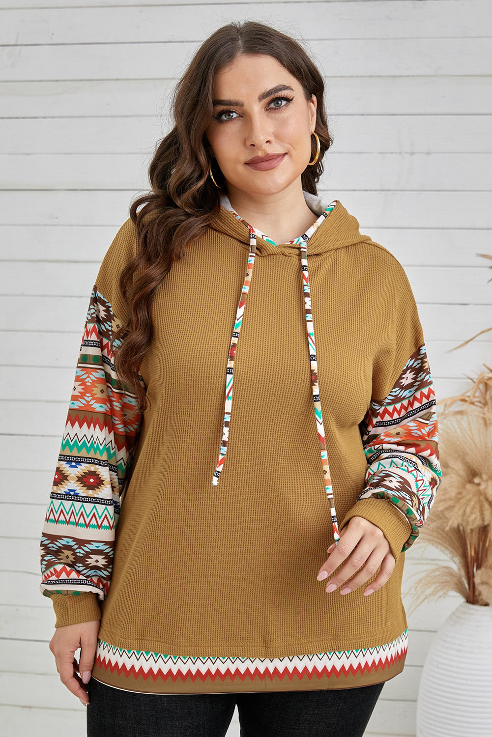 Plus Size Printed Side Slit Waffle-Knit Hoodie  Shirts & Tops- Doll Fits