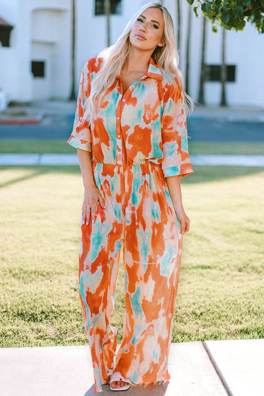 Tie-Dye Collared Wide Leg Jumpsuit  - Doll Fits