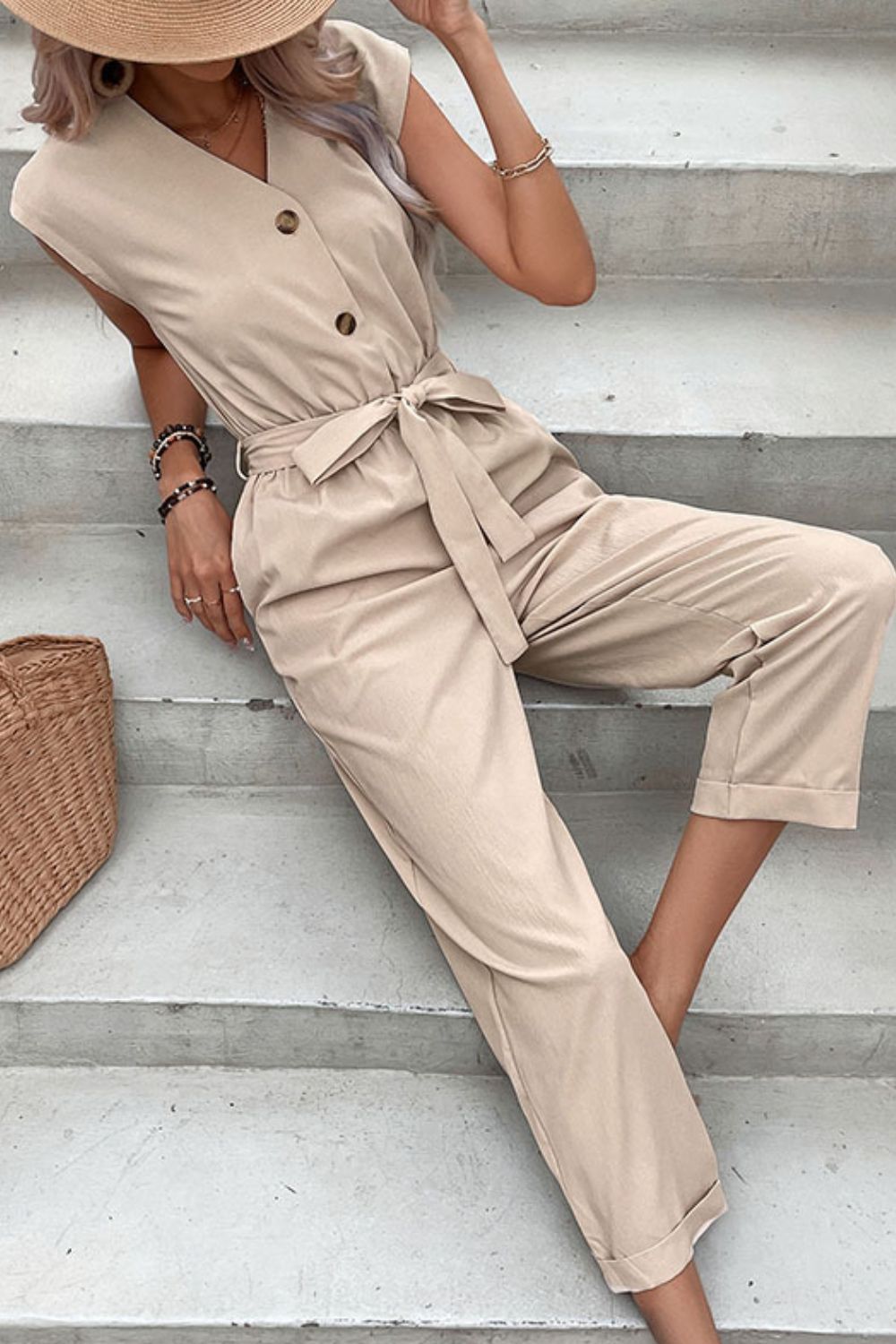 Capped Sleeve Belted V-Neck Jumpsuit  Jumpsuits & Rompers- Doll Fits