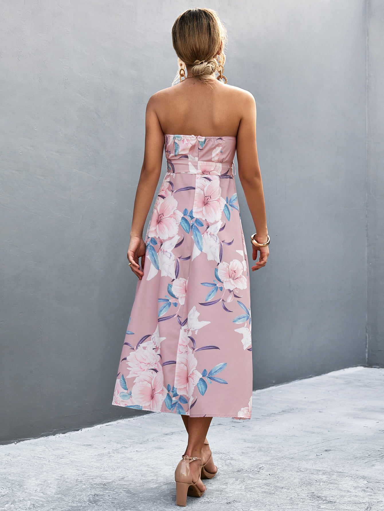 Floral Print Tie Waist Straight Neck Midi Dress  Dresses- Doll Fits