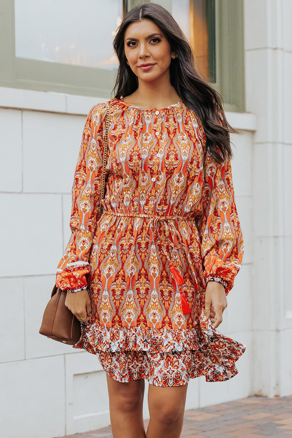 Printed Balloon Sleeve Tassel Tie Dress  Dresses- Doll Fits
