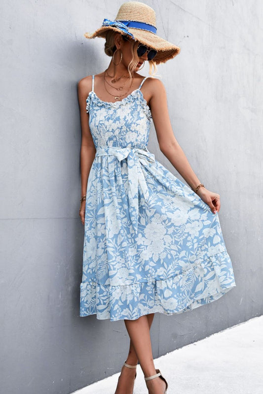 Floral Frill Trim Scoop Neck Spaghetti Strap Dress  Dresses- Doll Fits
