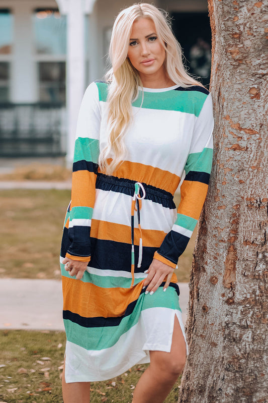 Striped Drawstring Waist Side Slit Midi Dress  Dresses- Doll Fits