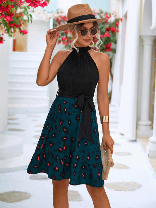 Two-Tone Belted Sleeveless Grecian Neck Dress  Dresses- Doll Fits