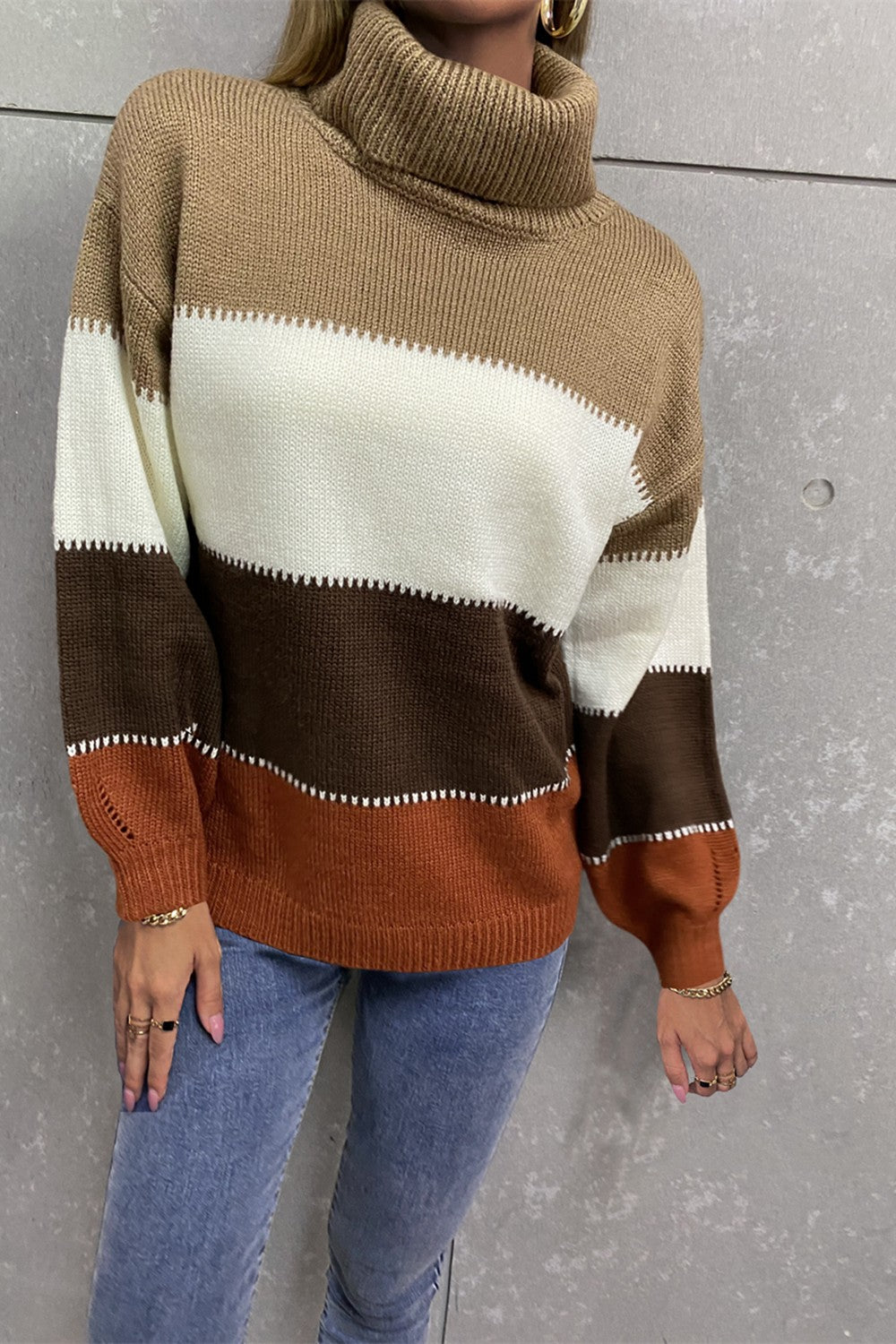 Color Block Lantern Sleeve Turtleneck Sweater  Shirts & Tops- Doll Fits