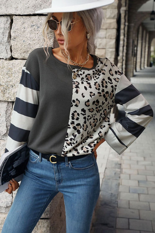 Leopard Striped Round Neck Long Sleeve Tee  Shirts & Tops- Doll Fits
