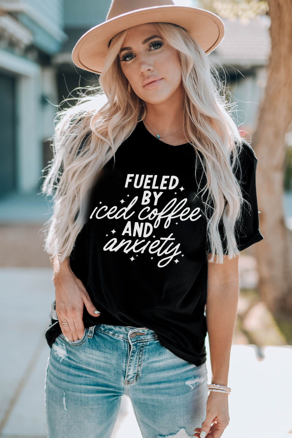FUELED BY ICED COFFEE AND ANXIETY Graphic Tee  Shirts & Tops- Doll Fits