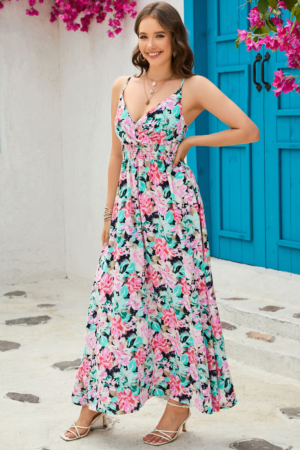Floral Spaghetti Strap Surplice Neck Maxi Dress  Dresses- Doll Fits