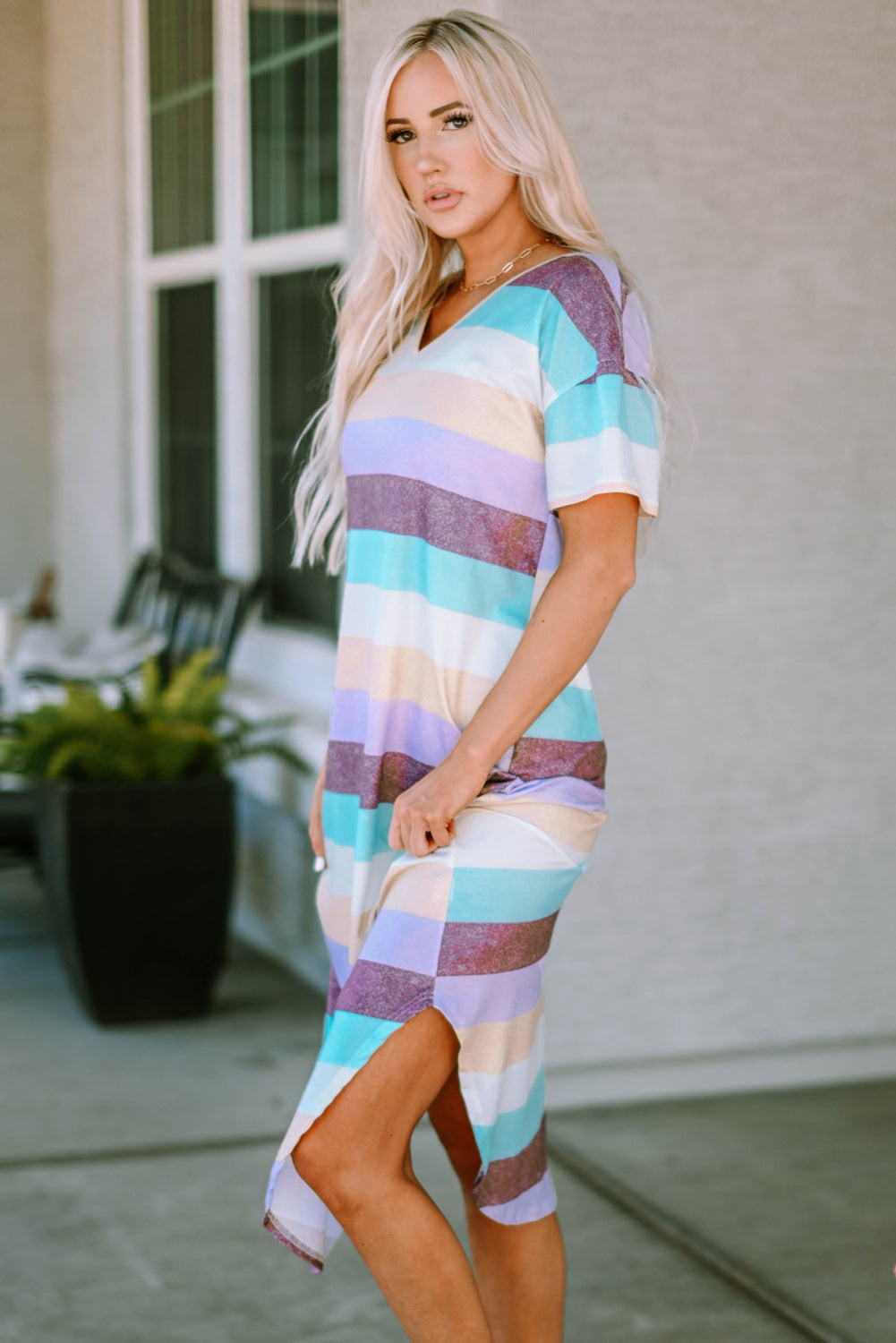 Striped V-Neck Curved Hem Midi Dress  Dresses- Doll Fits