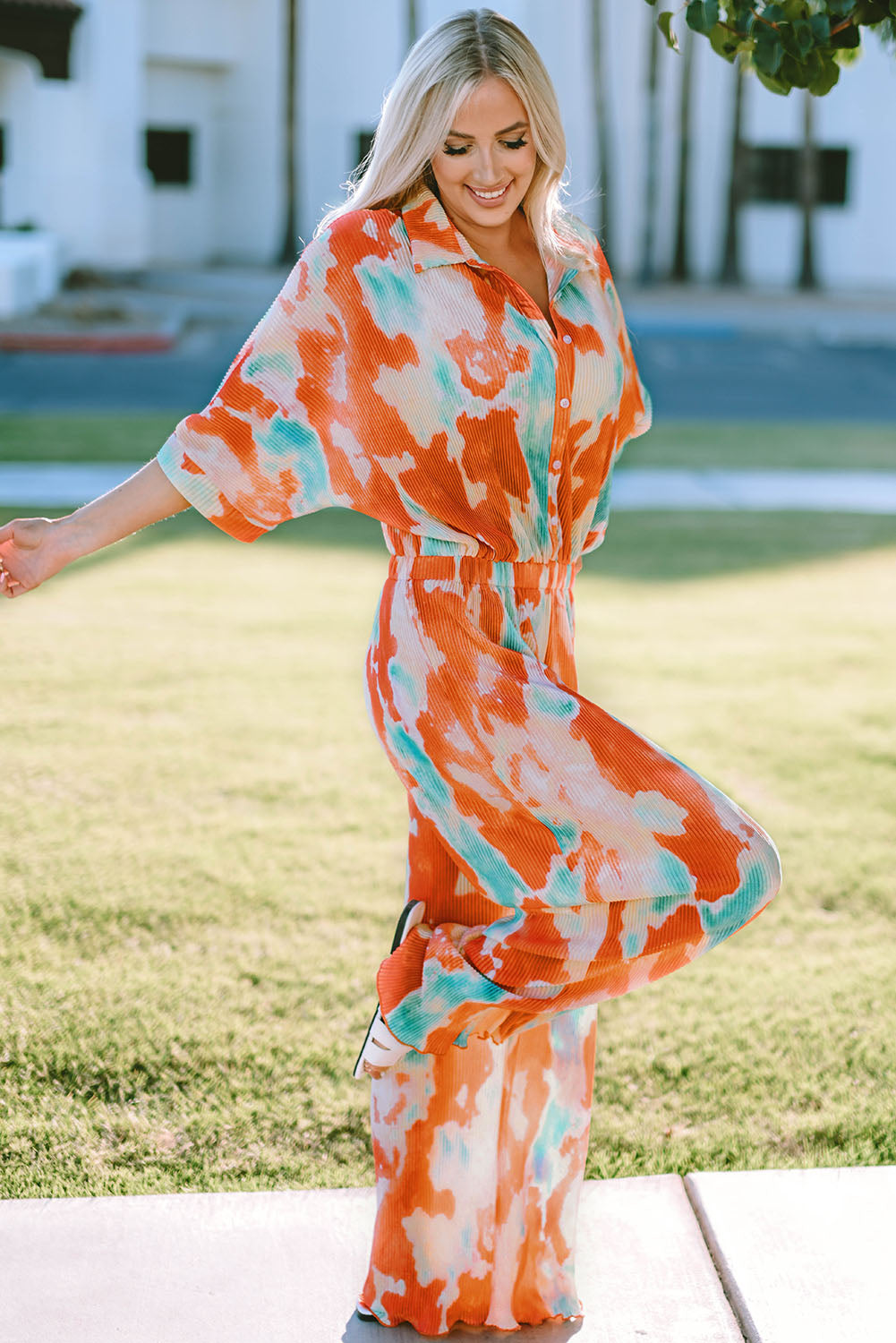 Tie-Dye Collared Wide Leg Jumpsuit  - Doll Fits