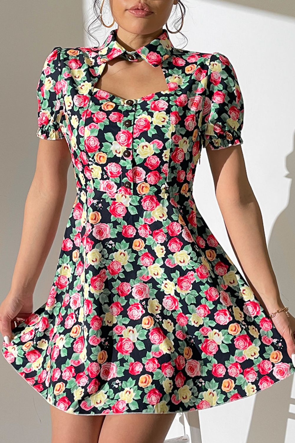 Floral Buttoned Cutout Puff Sleeve Dress  Dresses- Doll Fits