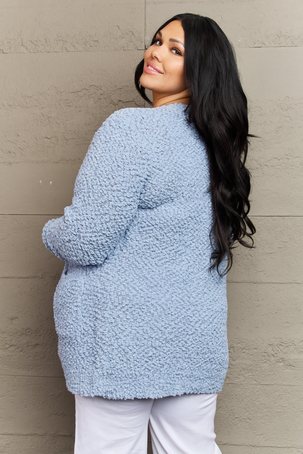 Zenana Falling For You Full Size Open Front Popcorn Cardigan  Coats & Jackets- Doll Fits