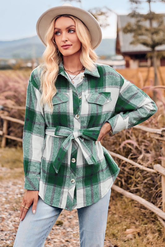 Plaid Collared Neck Bow Front Long Sleeve Jacket  - Doll Fits