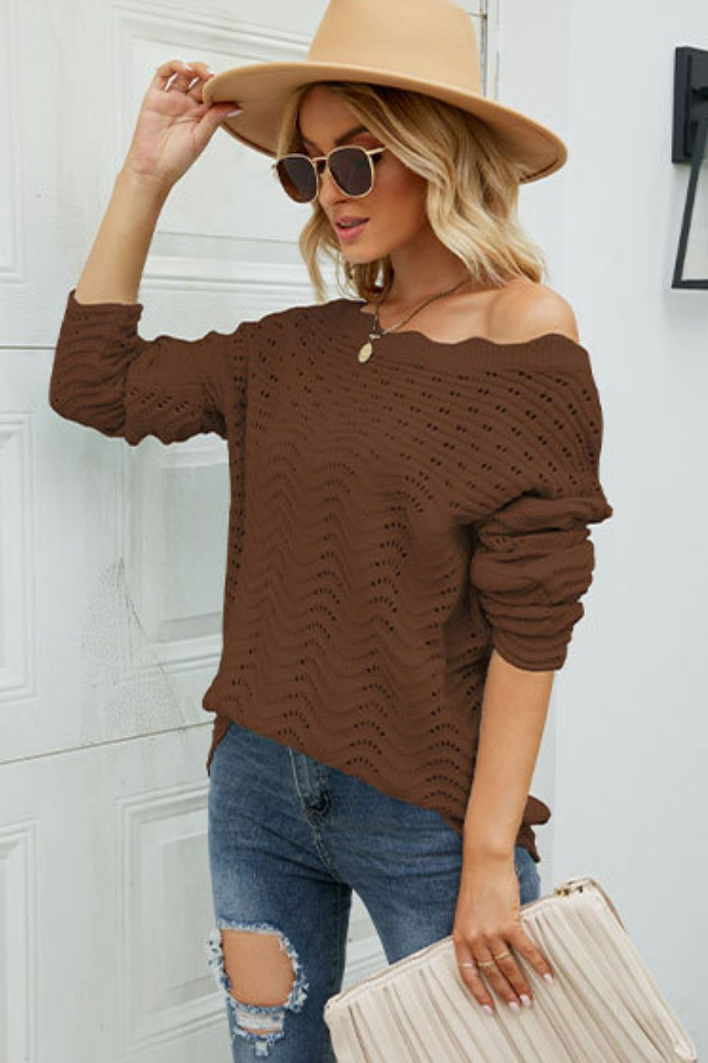 Scalloped Boat Neck Openwork Tunic Sweater  Shirts & Tops- Doll Fits