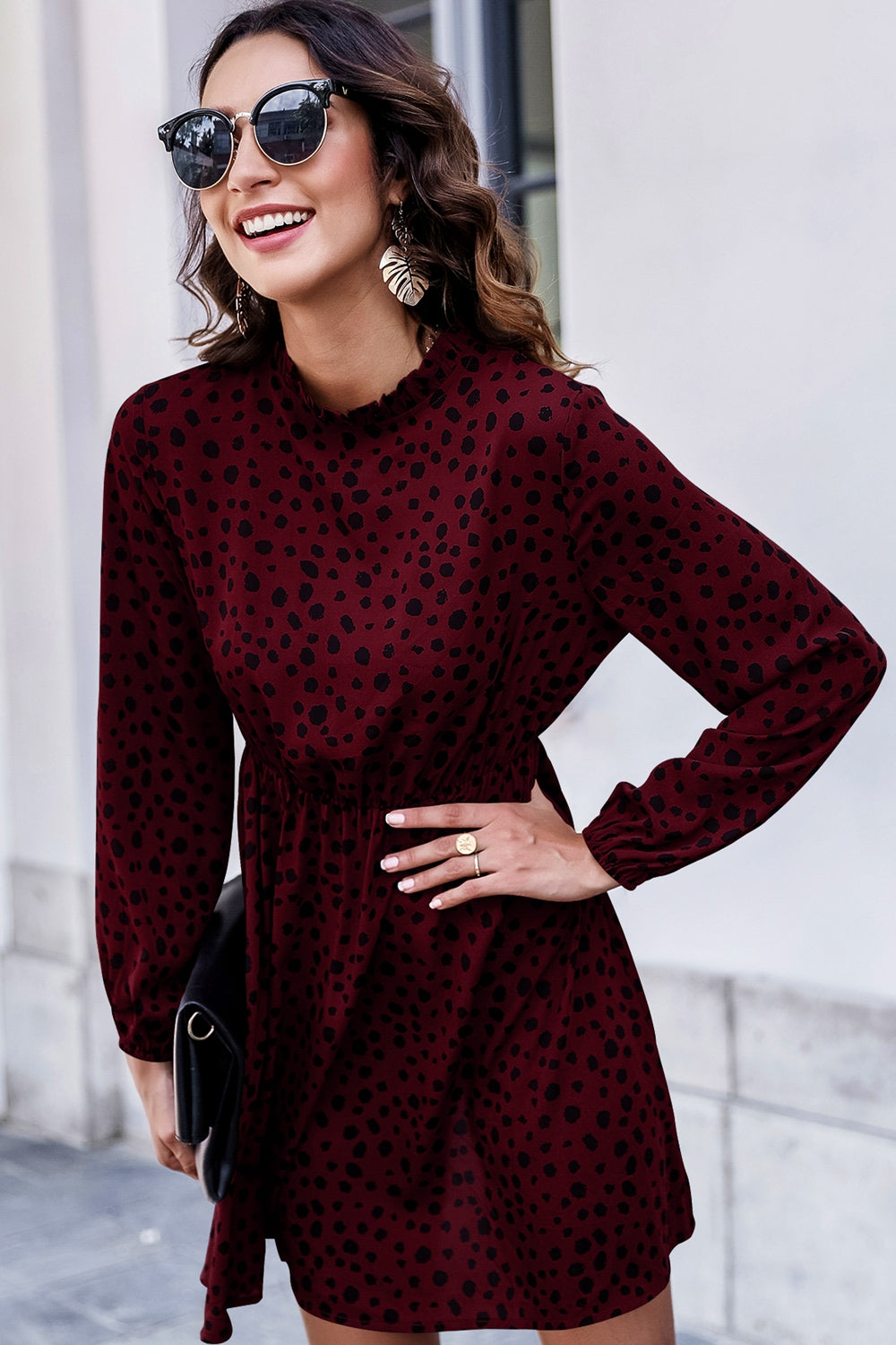 Printed Mock Neck Long Sleeve Midi Dress  Dresses- Doll Fits