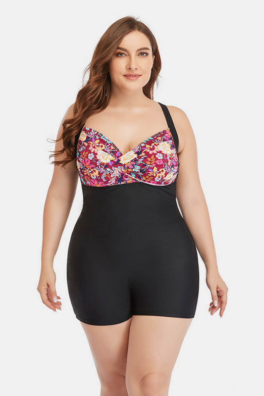 Plus Size Two-Tone One-Piece Swimsuit  Swimwear- Doll Fits