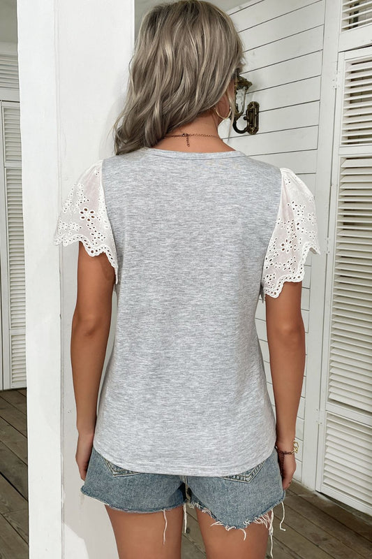 Two-Tone Eyelet Flutter Sleeve Spliced Top  Shirts & Tops- Doll Fits
