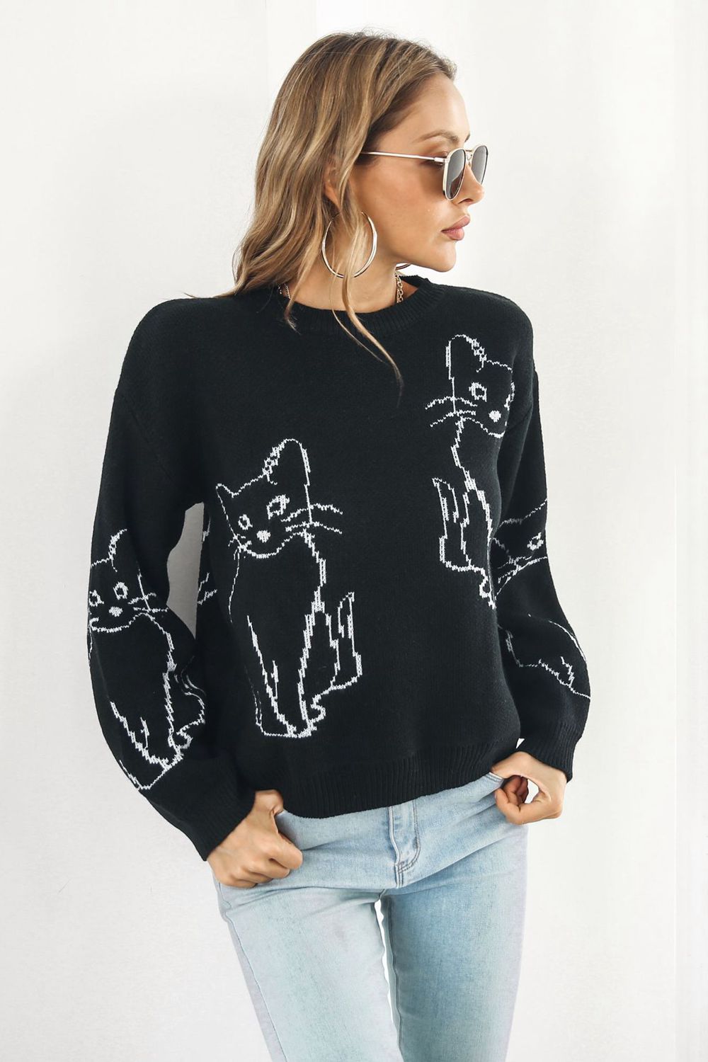 Cat Pattern Round Neck Long Sleeve Pullover Sweater  - Doll Fits