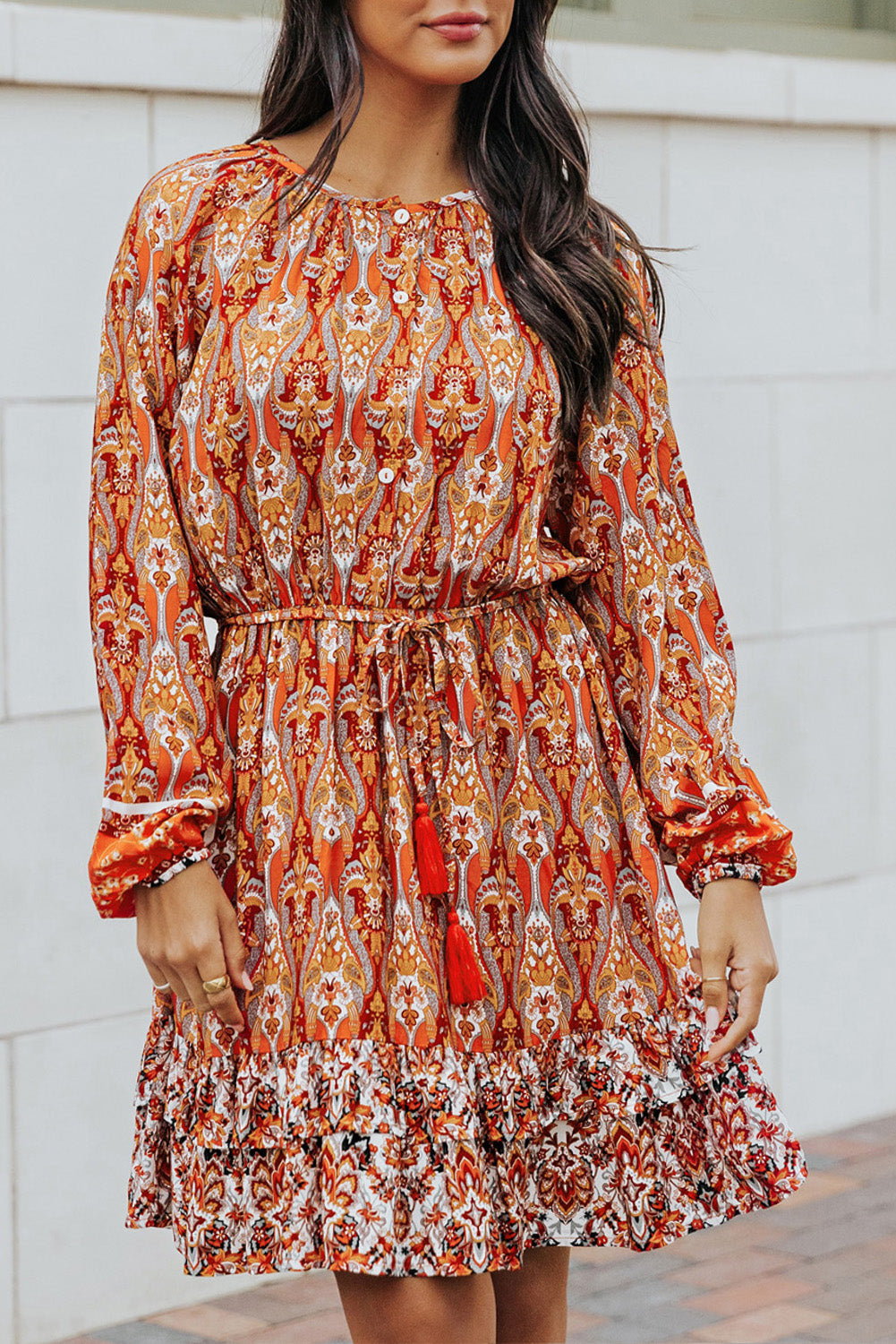 Printed Balloon Sleeve Tassel Tie Dress  Dresses- Doll Fits