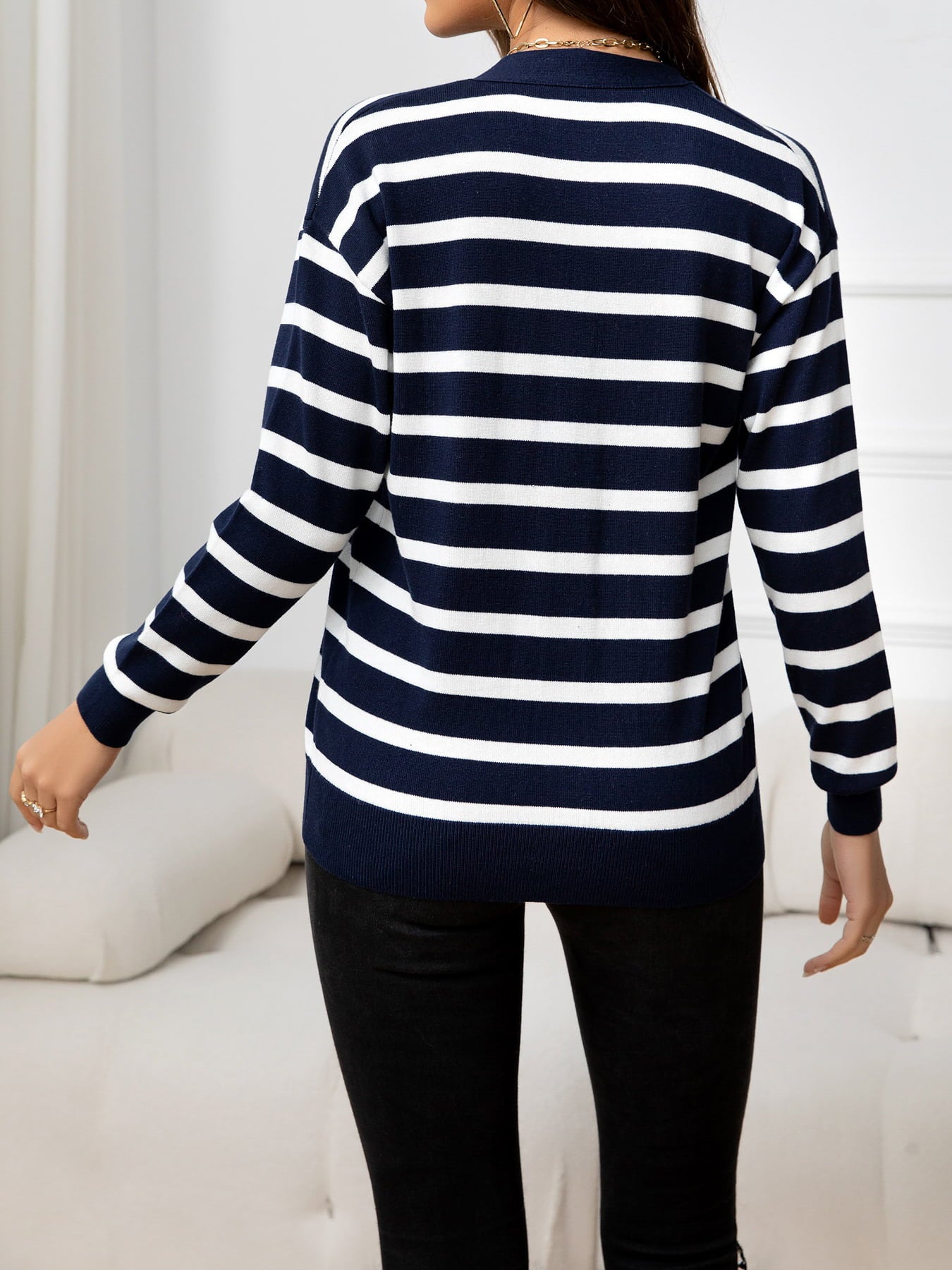 Striped Dropped Shoulder V-Neck Knit Top  - Doll Fits