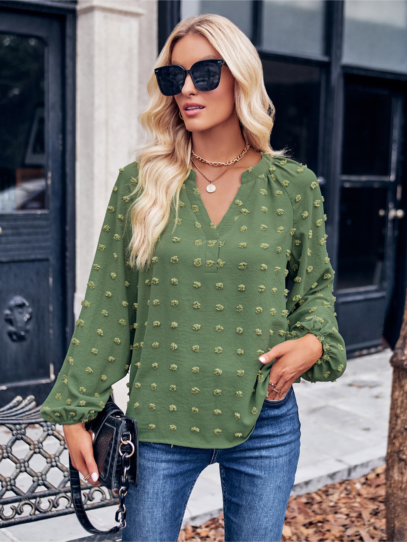 Swiss Dot Notched Neck Long Sleeve Blouse  - Doll Fits