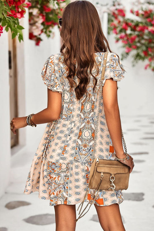 Printed Round Neck Flutter Sleeve Dress  Dresses- Doll Fits