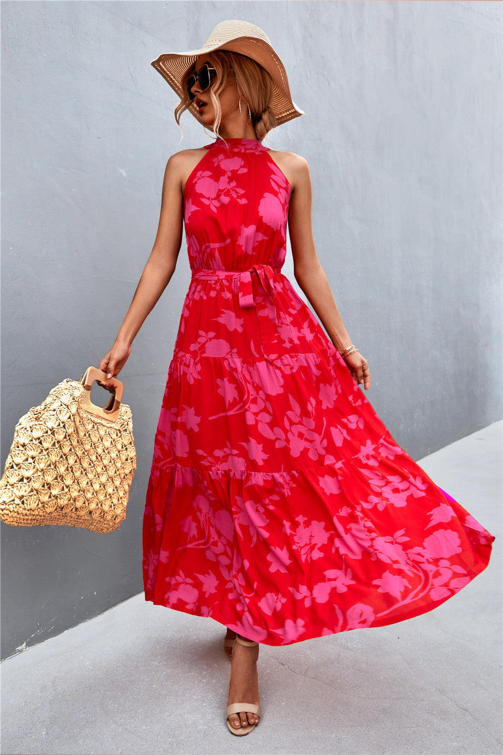 Printed Sleeveless Tie Waist Maxi Dress  Dresses- Doll Fits