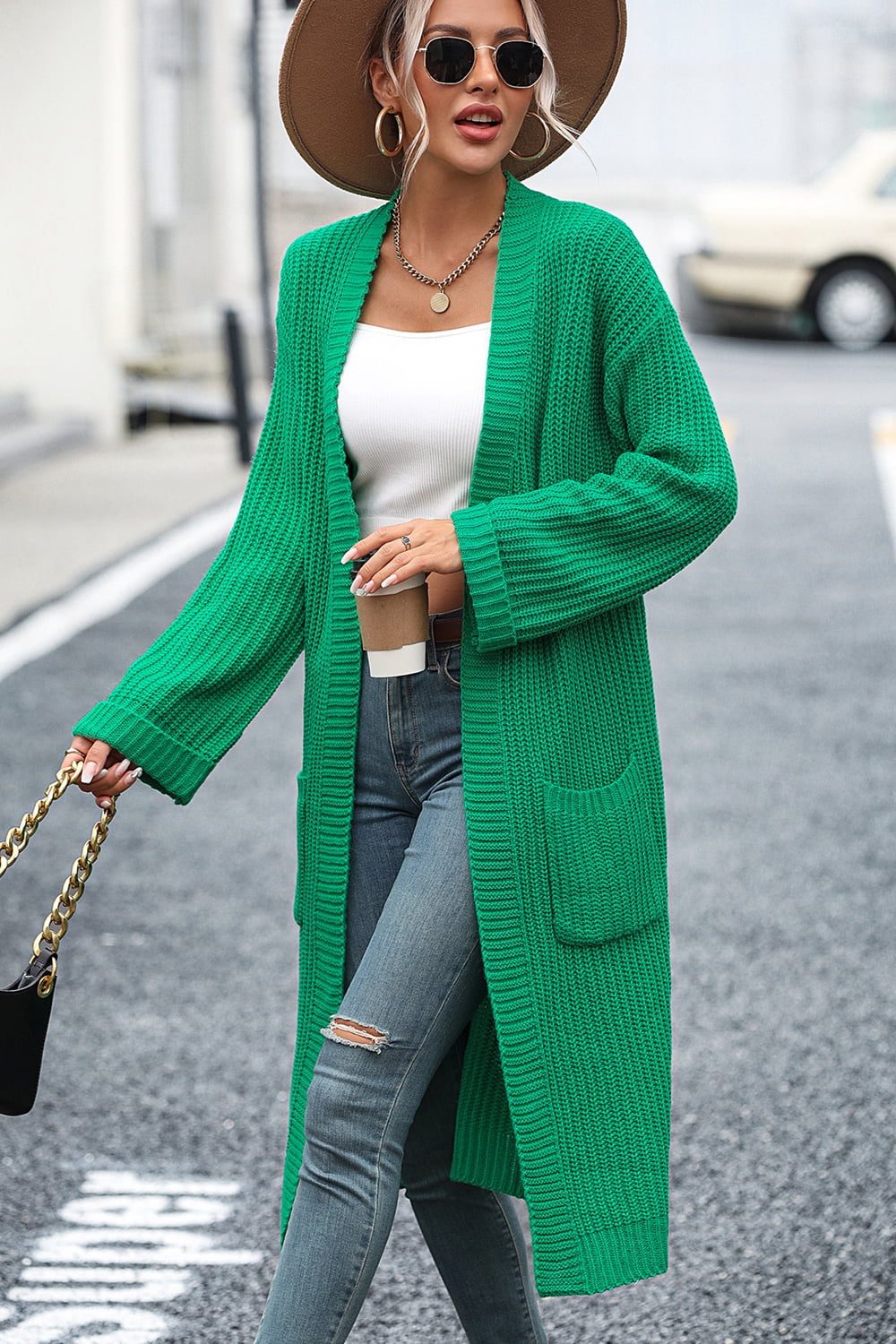 Dropped Shoulder Long Sleeve Cardigan with Pocket  - Doll Fits