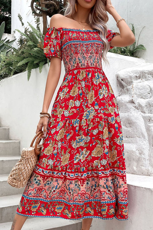 Floral Off-Shoulder Smocked Midi Dress  Dresses- Doll Fits