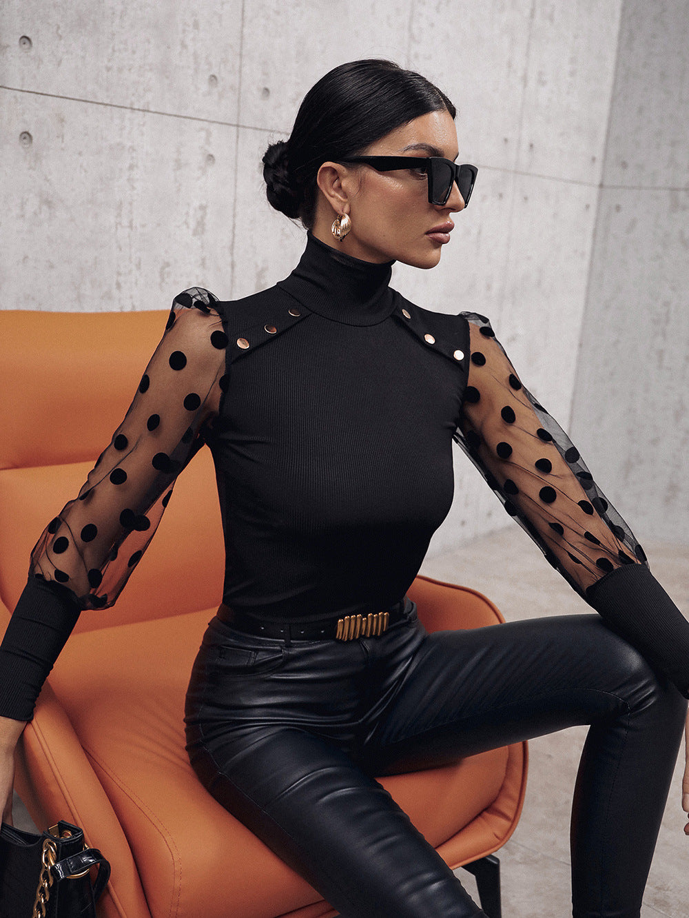 Buttoned Lantern Sleeve Turtle Neck Blouse  - Doll Fits