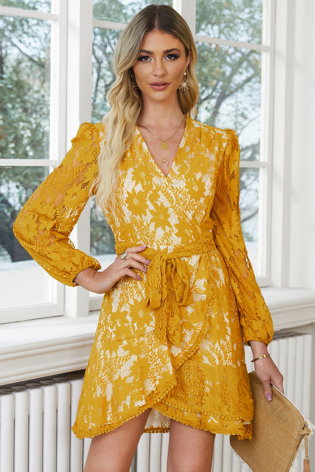 Pompom Trim Puff Sleeve Belted Lace Dress  Dresses- Doll Fits