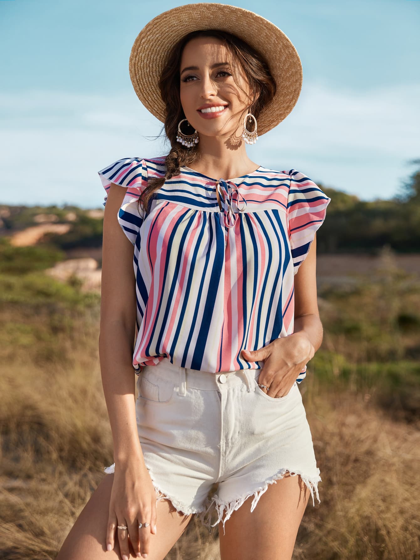 Striped Flutter Sleeve Tied Blouse  Shirts & Tops- Doll Fits