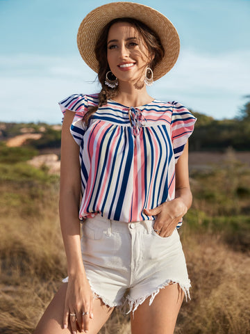 Striped Flutter Sleeve Tied Blouse  Shirts & Tops- Doll Fits