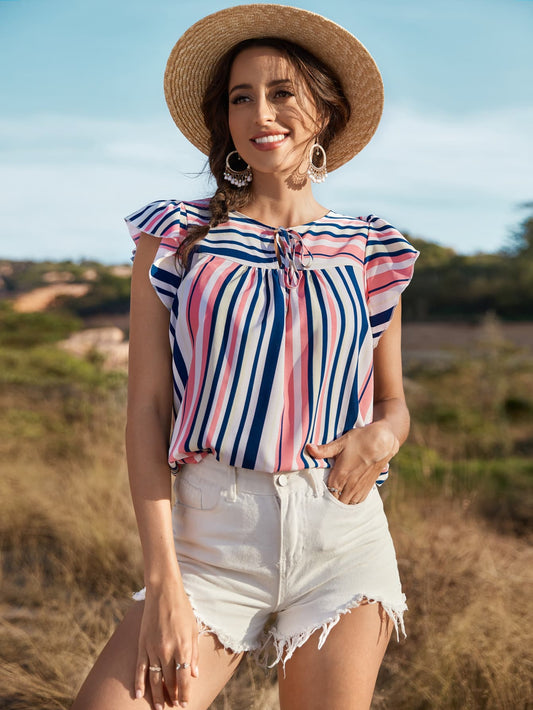 Striped Flutter Sleeve Tied Blouse  Shirts & Tops- Doll Fits