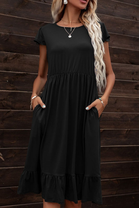 Round Neck Ruffle Hem Pocket Dress  Dresses- Doll Fits