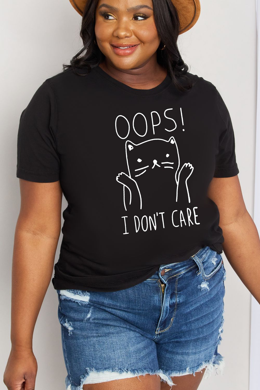 Simply Love Full Size OOPS I DON’T CARE Graphic Cotton Tee  Shirts & Tops- Doll Fits