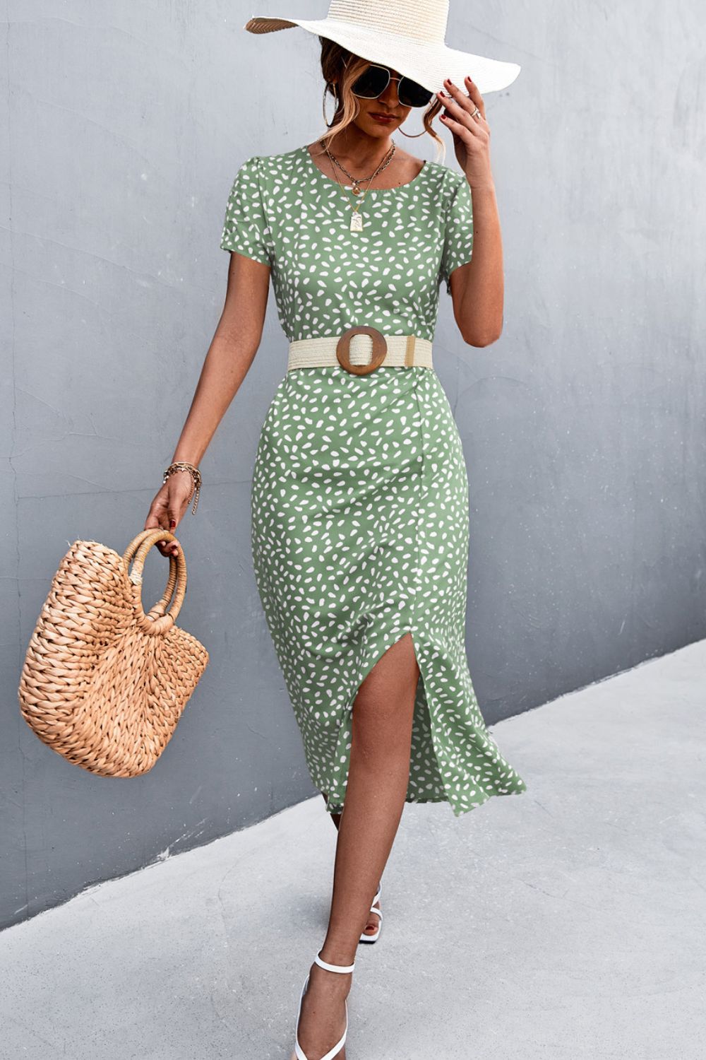 Printed Slit Cutout Midi Dress (Belt Not Included)  Dresses- Doll Fits