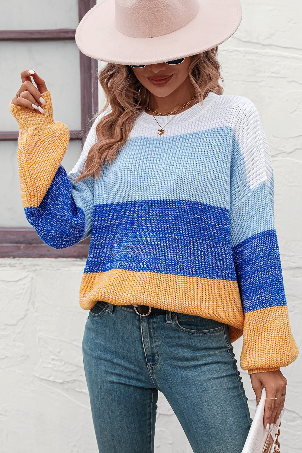 Round Neck Color Block Ribbed Pullover Sweater  Shirts & Tops- Doll Fits
