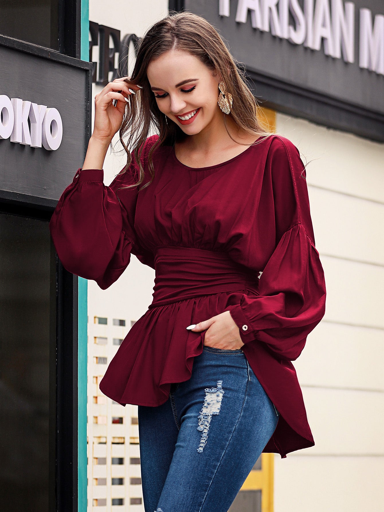 Exposed Seams Round Neck Dropped Shoulder Blouse  - Doll Fits